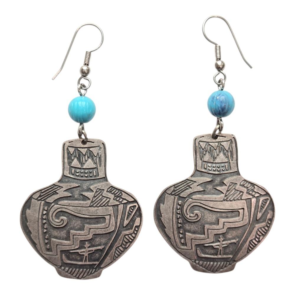 Vintage NP Sterling Silver Southwestern Pottery‎ Earrings Turquoise Bead Dangle